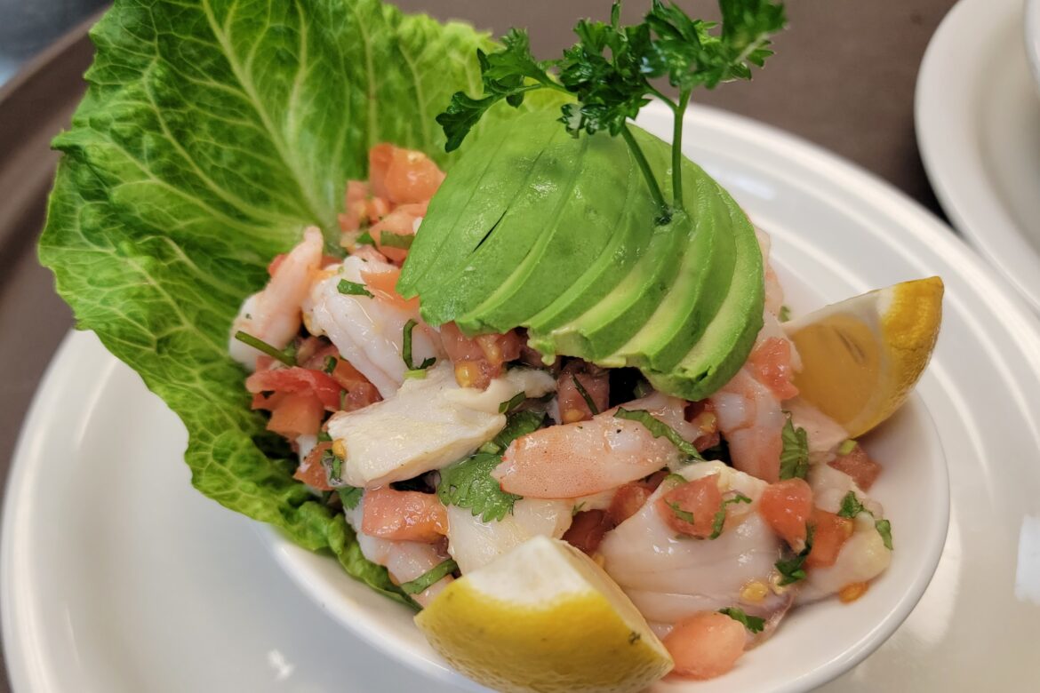 Flaco's Ceviche is Florida Grouper and Shrimp seasoned/ Marinated in Lime Juice and Tomato, fresh red onion and avocado. Made the pure homemade way